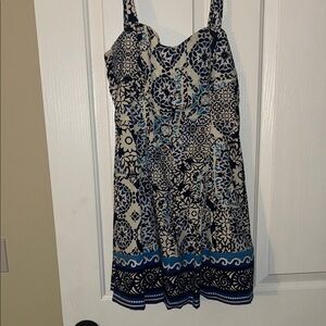 Avec Les Filles Blue and Cream Geometric Mini Dress